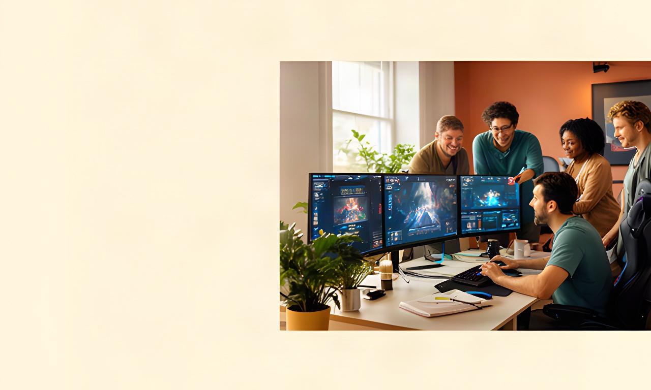Game platform teammates reviewing multiplayer lobby screens together at a bright studio workspace